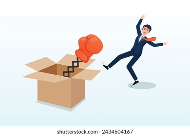 Businessman open present box with surprise boxing glove punching knock out, being fired from job, unemployment and jobless, business failure or stock market bad news surprise investor (Vector)