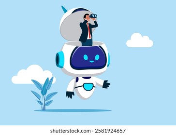 Businessman open robot head using binoculars looking for future vision. World economic vision for business, technology or investment. Flat vector illustration