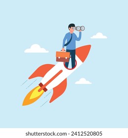 Businessman open rocket window using telescope looking for new business opportunities. Business and finance illustration concept