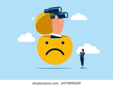 Businessman open sad face pendulum ball to see problem vision and investigate incident. Sad emoticon, no happiness. Negative attitude. Flat vector illustration   