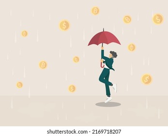 businessman open umbella protect from crypto and dollar coin rainning. Business investment concepy vector.