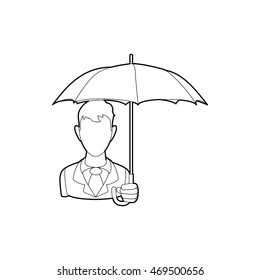 Businessman with open umbrella icon in outline style on a white background