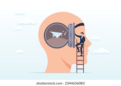 Businessman open window on human head to let origami paper airplane flying inside, open mind to receive new message or inspiration, free your brain to think about new idea or free your ego (Vector)