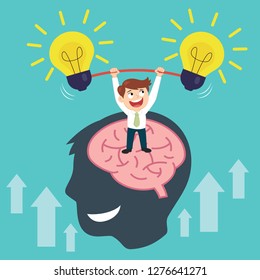 Businessman opened head lifting up idea light bulb, illustration vector cartoon