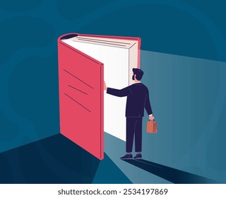 Livro de abertura do empresário. Homem de negócios porta aberta em livros, corporarte aprendendo trabalho educação trabalho literatura líder sabedoria experiência ocupação estudando conceito vetor ilustração original arte