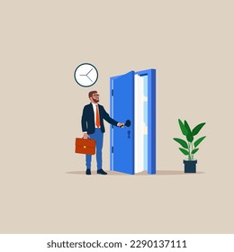 Businessman opening a book door to new life. Modern vector illustration in flat style.