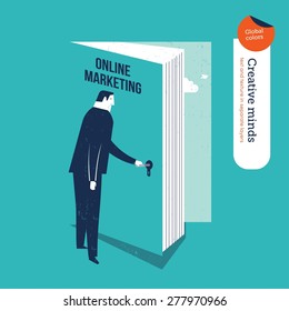 Businessman opening a book door online marketing. Vector illustration Eps10 file. Global colors. Text and Texture in separate layers.