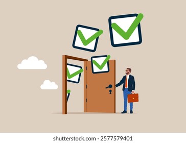 Businessman opening a door to agreement to deliver, leadership skill or trust on work responsibility. Modern vector illustration in flat style.