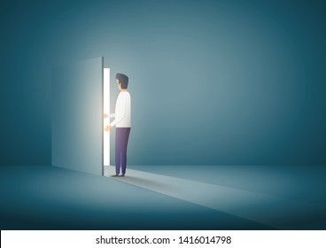 Businessman opening door. business concept. Symbol of new career, opportunities, business ventures and challenges. Eps10 vector illustration.