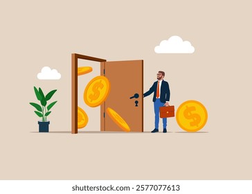 Businessman opening a door to money. Financial and investment growth, increase earning profit, success in wealth management. Modern vector illustration in flat style.