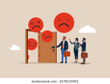 Businessman opening a door to negative work motivation. Burnout from tiring work or demotivation from failure, stress. Modern vector illustration in flat style.