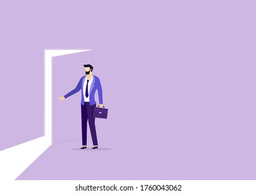 Businessman opening door. New career. Entering new opertunities. The light of success. Direction achieve goal. business success concept. Flat vector illustration