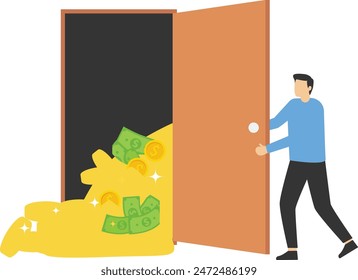 Businessman opening a door. A pile of money flew out of the door.Easy money, make a fortune.

