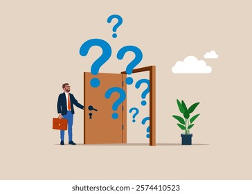Businessman opening a door to search for new business idea. Curiosity explore unknown, search for solution or new business opportunity, seek for success concept. Modern vector illustration in flat sty