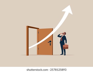 Businessman opening a door to search for new business idea. Rising profit growth graph. Investment profit growth, financial advisor. Make money to get rich or increase earning or income. Vector