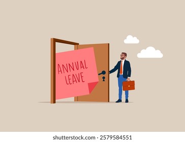 Businessman opening a door to see to annual leave note. Annual leave or day off to rest from hard work, schedule reminder of annual leave. Flat modern vector illustration.