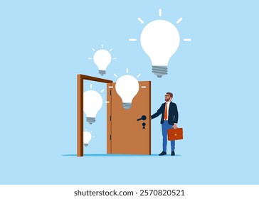 Businessman opening a door to see business vision. Creativity to help see business opportunity, vision to discover new solution or idea, curiosity, searching for success concept. Vector illustration