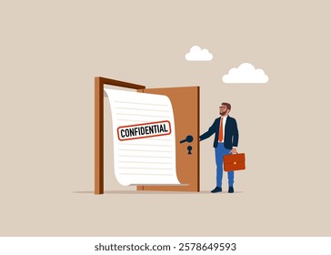 Businessman opening a door to see Confidential document. Non disclosure agreement contract signing, legal confidential document for working employee acknowledge concept. Flat vector illustration