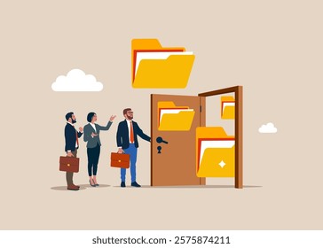 Businessman opening a door to see file folders. Arrange online data, paperwork concept, file management, organize document files into archive folders. Modern vector illustration in flat style.