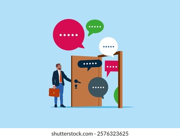 Businessman opening a door to see speech bubbles. Discussion, conversation, meeting, team communication. Modern vector illustration in flat style.