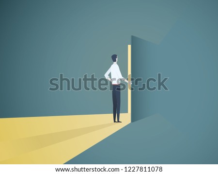 Businessman opening door vector concept. Symbol of new career, opportunities, business ventures and challenges. Eps10 vector illustration.
