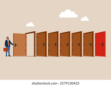 Businessman opening a door,  works six days in week, a workaholic without holidays. For entrance, home, exit, challenge, opportunity concept. Modern vector illustration in flat style