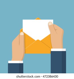 Businessman Opening An Envelope With Letter. Blank Sheet Paper For Text Template. Vector Illustration Flat Design. Mail Concept. Isolated Hands Open Envelope. Sending Message, Notification, Invitation