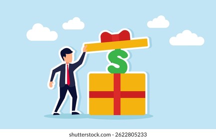 Businessman opening a gift box containing a dollar sign, illustration of dividend distribution on stock ownership