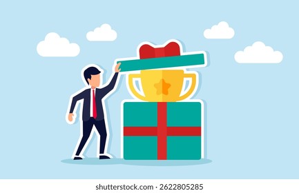 Businessman opening a gift box containing a trophy, illustration of success in becoming a leading company or the best