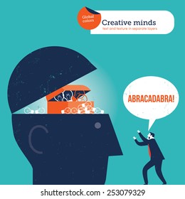 Businessman opening a head with the magical words abracadabra. Vector illustration Eps10 file. Global colors. Text and Texture in separate layers.