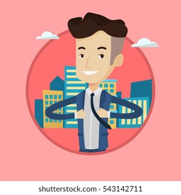 Businessman opening his jacket like superhero on the background of city. Businessman superhero. Concept of power of a businessman. Vector flat design illustration in the circle isolated on background.