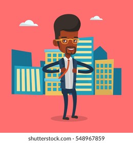 Businessman opening his jacket like superhero. An african businessman superhero. Businessman taking off his jacket like superhero on city background. Vector flat design illustration. Square layout.
