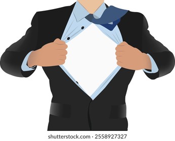 Businessman is opening his suit revealing white copy space on his chest