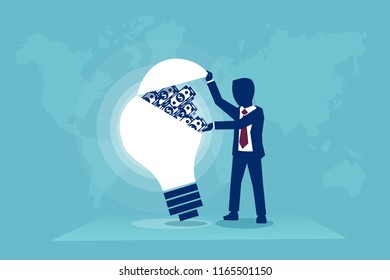 Businessman opening a lightbulb full of money, vector illustration business concept