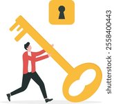 businessman opening lock by giant key. Feminism, career opportunities, motivation concept. Vector illustration.

