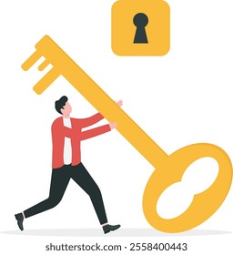 businessman opening lock by giant key. Feminism, career opportunities, motivation concept. Vector illustration.

