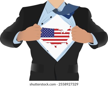 Businessman opening shirt revealing united states map and flag symbol