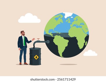 Businessman opening water tap. Crude oil out of the tap. Sale of petroleum products and fuels. Global trading oil. Modern flat vector illustration.