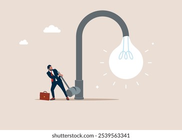 Businessman opening water tap and light bulb fall from faucet, source of new ideas. Light bulb as drop of water. Modern vector illustration in flat style