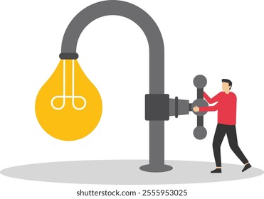 Businessman opening water tap and light bulb fall from faucet, source of new ideas. Light bulb as drop of water. Modern vector illustration in flat style