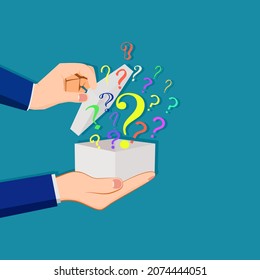 A businessman opens a box with a question mark. the idea of leaving a comment