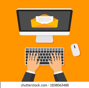 Businessman opens or creates new letter on laptop. Envelope and document on a screen. Getting or send new email. Overhead view. Vector illustration.