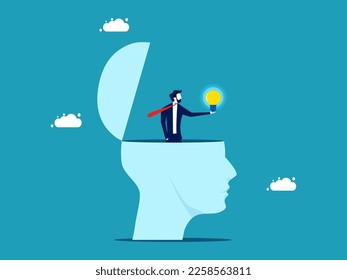 Empresario abre la creatividad en su cabeza. Encuentra una idea clara. vector 