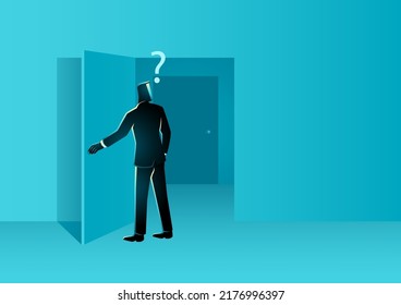 Businessman opens a door and finds a closed door inside, exploration, into the unknown, curiosity, vector illustration