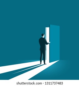 Businessman opens the door. Symbol of new career, opportunities, business ventures and challenges. Business concept. Vector illustration