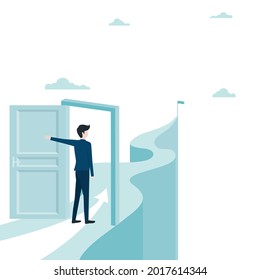 The businessman opens the door towards the target on the mountain. concept business success. leadership, ambition. Eps-10 vector illustration flat