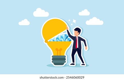 businessman opens a lamp containing several diamonds, illustration of ideas and innovations to increase business assets