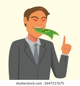Businessman opens mouth communication with money tongue. Cartoon Vector Illustration.  