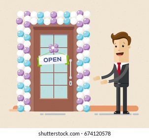 Businessman Opens A New Office Or Shop. The Front Door Is Decorated With Balloons And Sign 