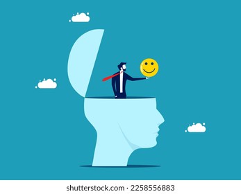 Businessman opens an optimistic idea in his head. The concept of positive openness. vector 